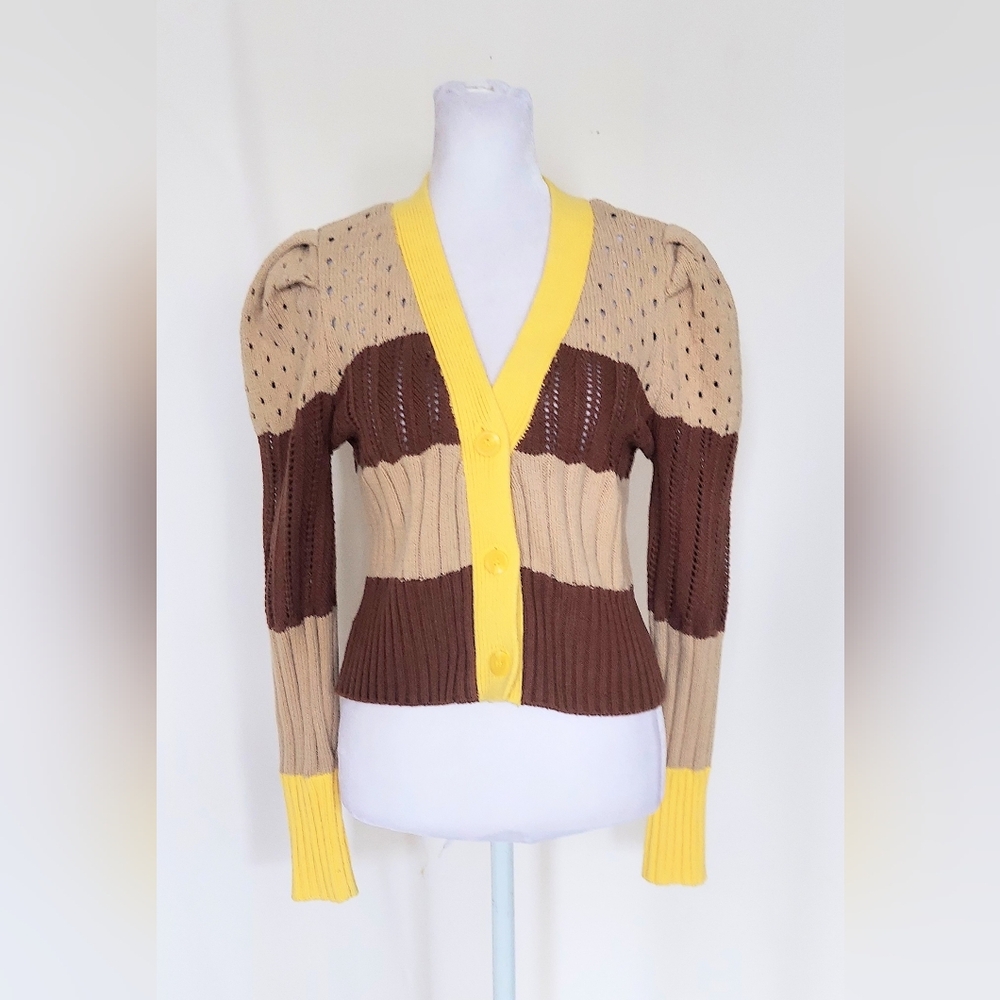 Calligraphie Mixed Stitch Puff Sleeve Button Down Cropped Cardigan Sweater XS